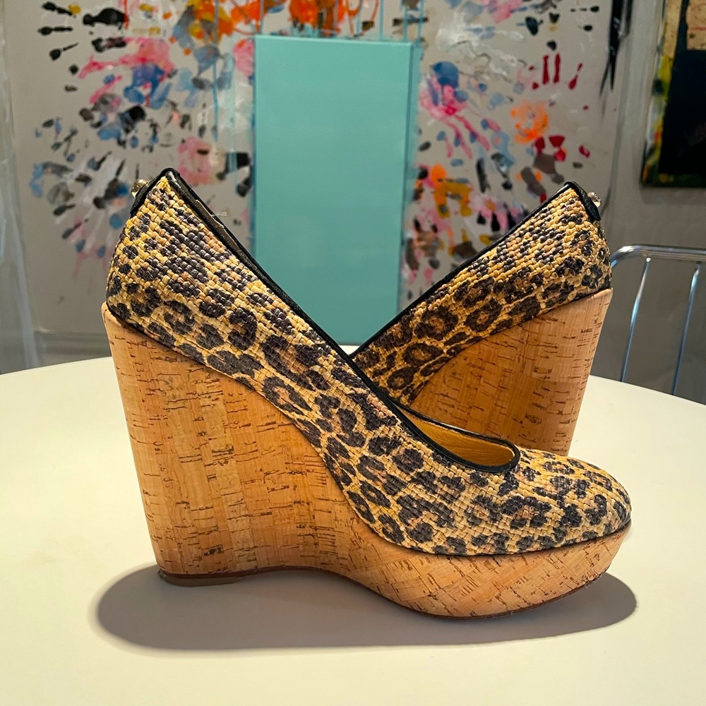 4in Stuart Weitzman Corkswoon leopard print wedges